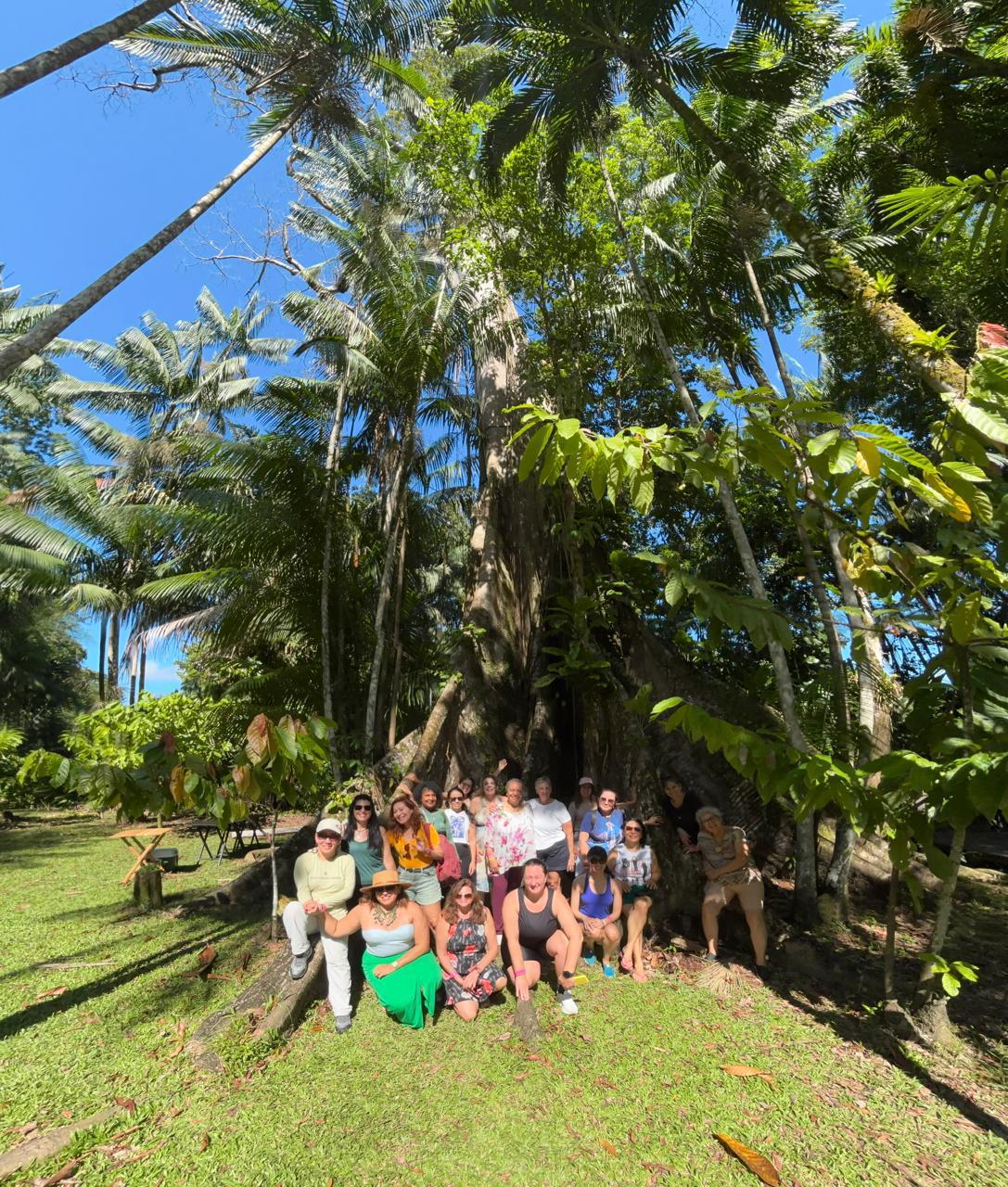 Grupo junto à árvore gigante na floresta amazônica
